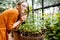 Woman with herbs and flowers in the greenhouse