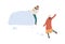 Woman hiding behind snow fortress or snowdrift while her girlfriend throwing snowball. Two friends having fun and