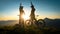 Woman high five over the sunset at mountain biking trip