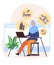 woman with hijab scarf sitting in front of laptop on the desk to handle SCADA system to control physical process modern cartoon