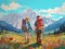 woman hike man sky nature camping tent relaxation illustration forest couple vacation. Generative AI.