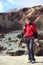 Woman hiker girl hiking in mountain