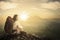 Woman hiker sitting on a mountain peak