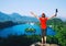 Woman Hiker Tourist looking on Bled Lake, Slovenia