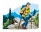 Woman hiker trekking mountains wearing blue cap, yellow jacket, backpack, using trekking poles