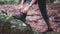 A woman hiker tying shoelaces and getting ready for trekking in the forest