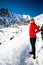 Woman hiker walking in Himalaya Mountains, Nepal