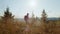 Woman hiking on road in grassy field. Female tourist trekking in mountains