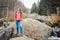 Woman hiking the stone river near the golden bridges in vitosha, Bulgaria