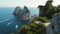 Woman hiking on a tranquil path and overlooks Capri Island with Faraglioni rocks amidst the serene Mediterranean waters