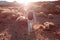 Woman hiking on a volcanic valley