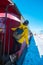 Woman hiking in winter landscape Harz national park Germany, Steam train winter landscape, Famous steam train throught