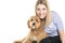 Woman with his Golden Labradoodle dog isolated on white background