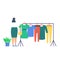 Woman hobby shopping clothing in mall, character female try dress, fitting room hanger cartoon vector illustration