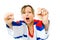 Woman Hockey fan in jersey in national color of Russia cheer, celebrating goal