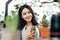 Woman hold cactus and a man writing note in a book. Love couple enjoy hobby with garden cactus