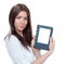 Woman hold electronic book tablet reading device