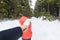 Woman Hold Man Hand Romantic Couple Snow Forest Outdoor Winter Walk