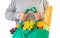 Woman hold reusable shopping bag filled with full fresh fruits and vegetables grocery product