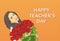 Woman Hold Rose Flower Bouquet Teacher Day Holiday Greeting Card Pop Art Colorful Retro Style