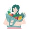Woman hold shopping bag with local farmers vegetables and fruits. Female customer shopping at farmers market. Support small