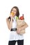 Woman hold shopping paper bag grocery