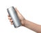 Woman holding aluminum can with beverage on white background, closeup.