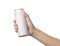 Woman holding aluminum can with beverage on white background, closeup.
