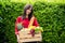 Woman holding basket fruit, vegetable fresh groceries from delivery healthy food supermarket set healthy