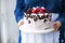 A woman is holding a beautiful cake with pink cream and fresh raspberry berries, decorated with chocolate. Calorie food. Free