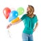 Woman holding big red balloon above her head