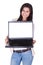 Woman holding a blank laptop