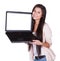 Woman holding a blank laptop
