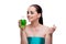 The woman holding a bottle of green perfume