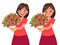 Woman holding a bouquet of flowers and inhale its aroma. Vector