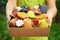 Woman holding box with various fresh fruits, closeup