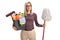 Woman holding a bucket with cleaning supplies and a cleaning mop