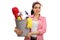 Woman holding a bucket full of cleaning products and equipment