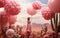 Woman holding bunch of balloons surrounded by various cacti.