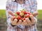 woman holding bunch strawberries. High quality photo