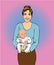 Woman holding a child vector illustration in retro pop art style. Mother with her kid comic design poster