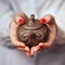 Woman holding clay teapot in front of the camera.