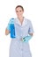 Woman Holding Cleaning Liquid And Scrubber