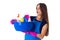 Woman holding cleaning things in washbowl