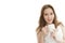 Woman holding Coffee cup on white Background text space