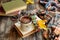 Woman holding cup of hot chocolate. Hot Chocolate in wooden tabl