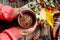 Woman holding cup of hot chocolate. Hot Chocolate in wooden tabl