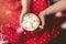 Woman Holding Cup of Hot Tasty C hocolate with Marshmellow Red Christmas Blanket Cozy Christmas Concept Woman Having a Cup of Coco