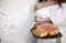 Woman holding a cut potato tortilla