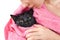 Woman holding Cute black soggy cat after a bath